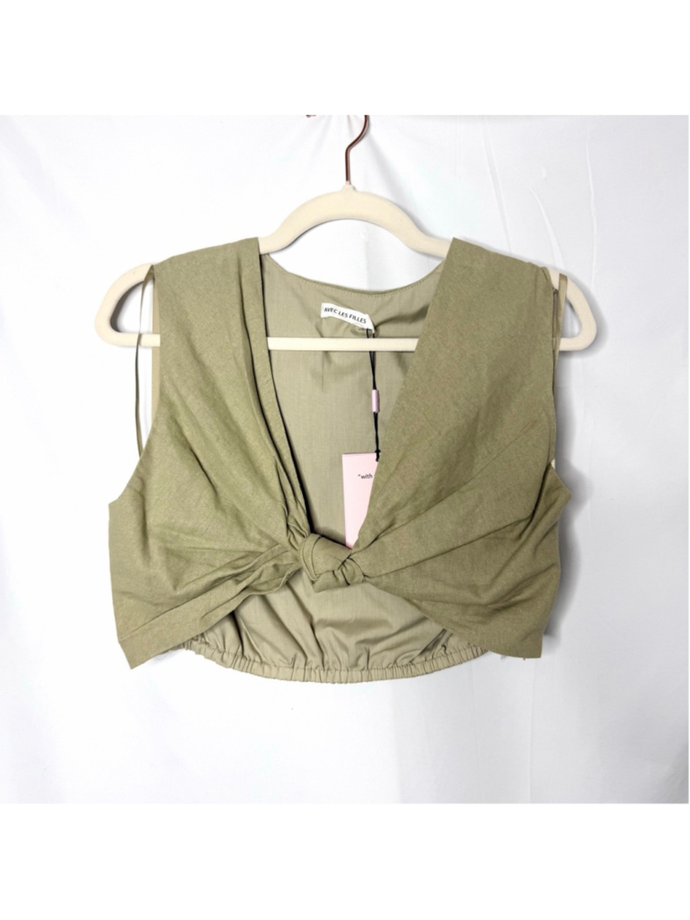 Avec Les Filles Green Linen Blend Tie Front Crop Top M NEW with tags